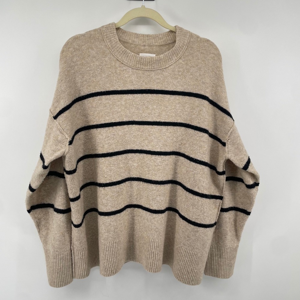 Aerie Striped Crewneck Sweater Womens Size Medium Beige Black Oversized Pullover